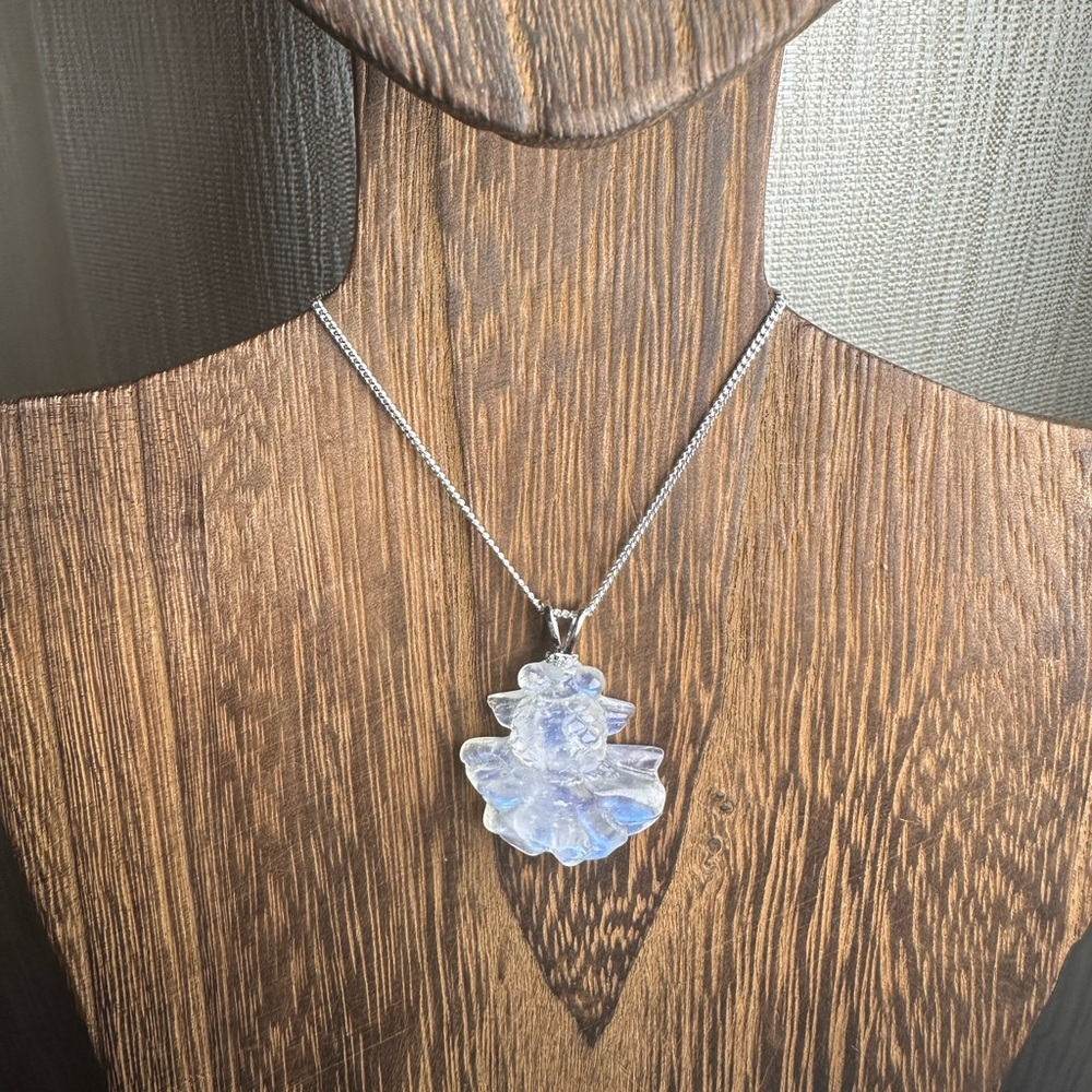 Blue Flash Moonstone Goldfish Pendant Necklace on Sterling Silver Box Chain - Picture 3 of 15